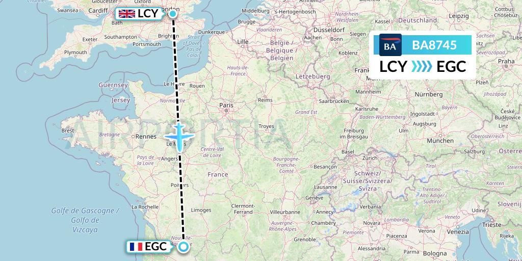 BA8745 British Airways Flight Map: London to Bergerac