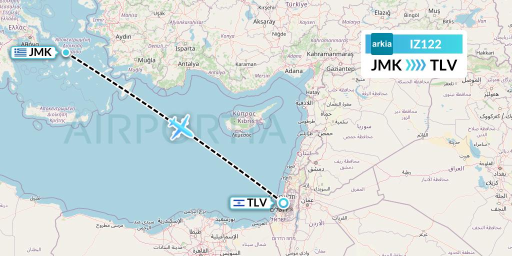 IZ122 Arkia Israeli Airlines Flight Map: Mykonos to Tel Aviv