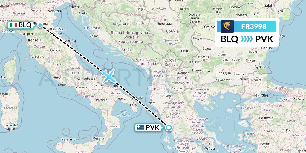 FR3998 Ryanair Flight Map: Bologna to Preveza