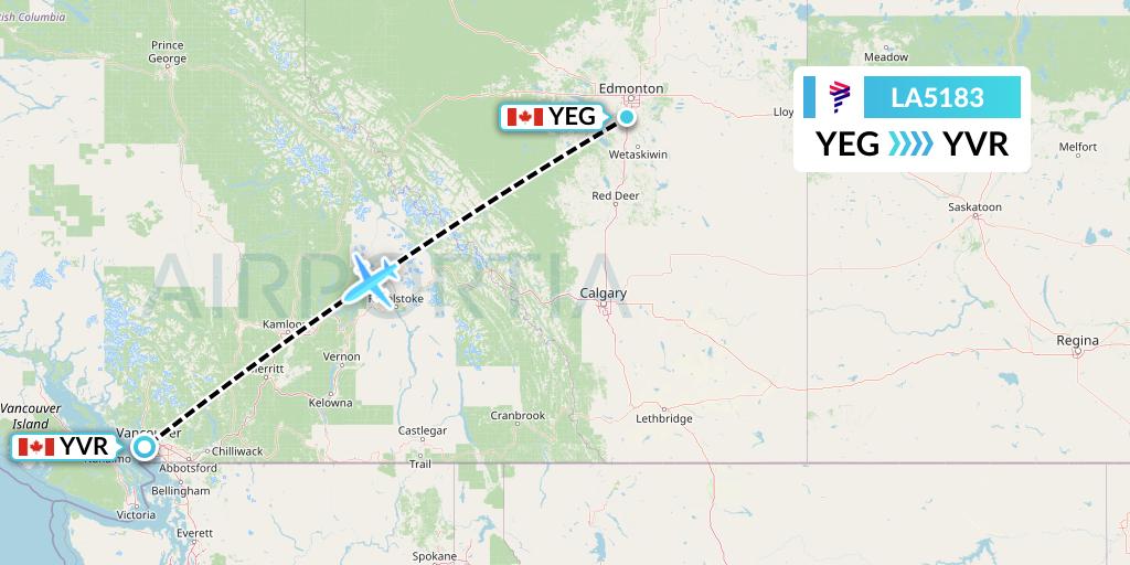 LA5183 LAN Airlines Flight Map: Edmonton to Vancouver