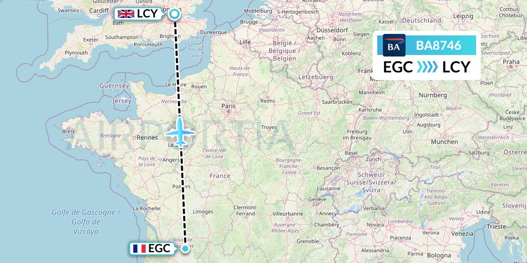 BA8746 British Airways Flight Map: Bergerac to London