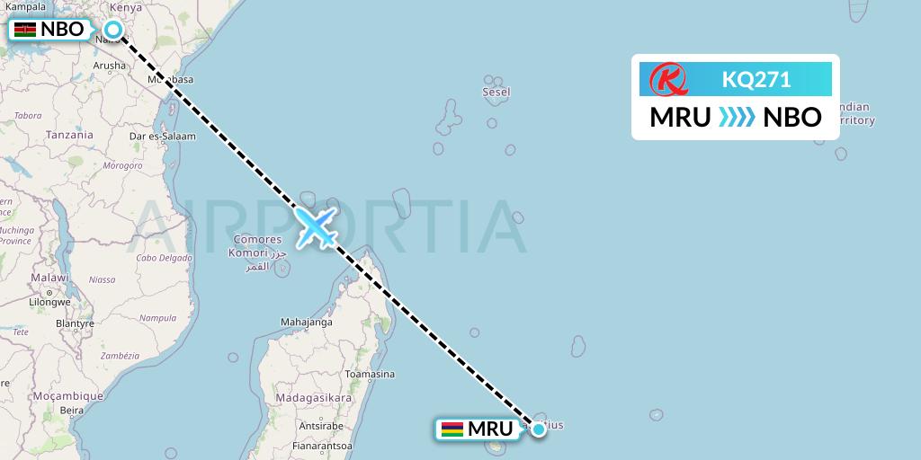 KQ271 Kenya Airways Flight Map: Port Louis to Nairobi