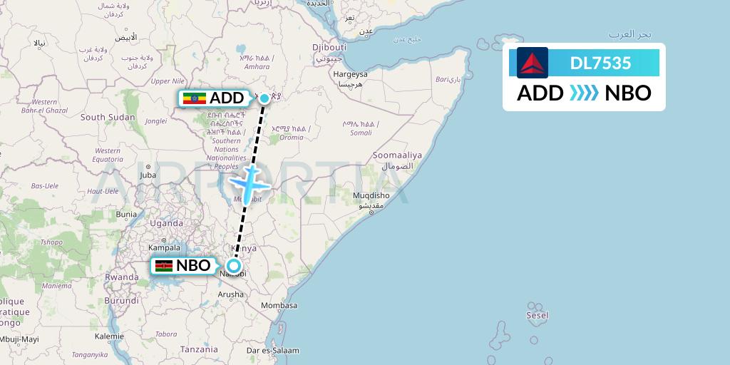 DL7535 Delta Air Lines Flight Map: Addis Ababa to Nairobi