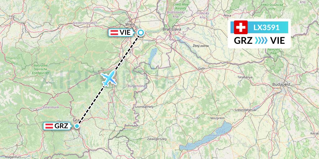 LX3591 Swiss Flight Map: Graz to Vienna