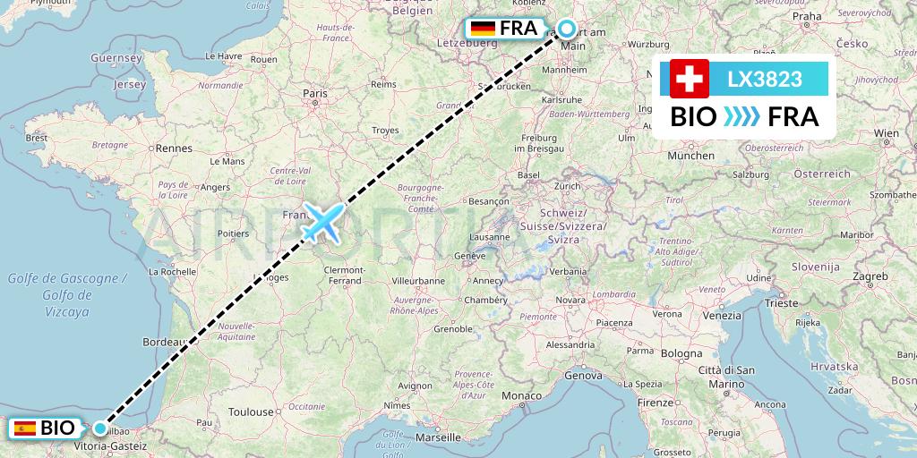 LX3823 Swiss Flight Map: Bilbao to Frankfurt