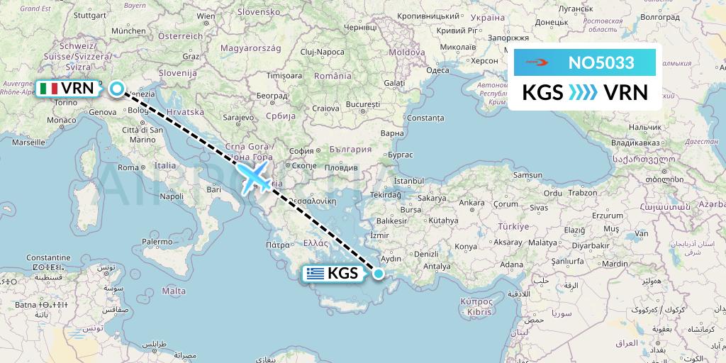 NO5033 Neos Flight Map: Kos to Verona