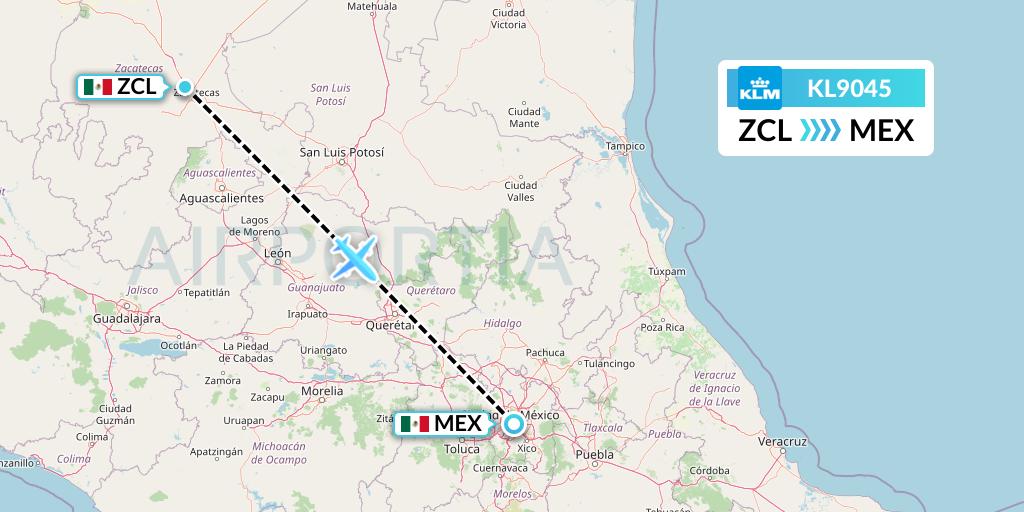 KL9045 KLM Flight Map: Zacatecas to Mexico City