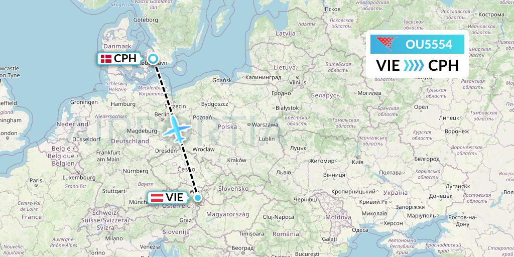OU5554 Croatia Airlines Flight Map: Vienna to Copenhagen
