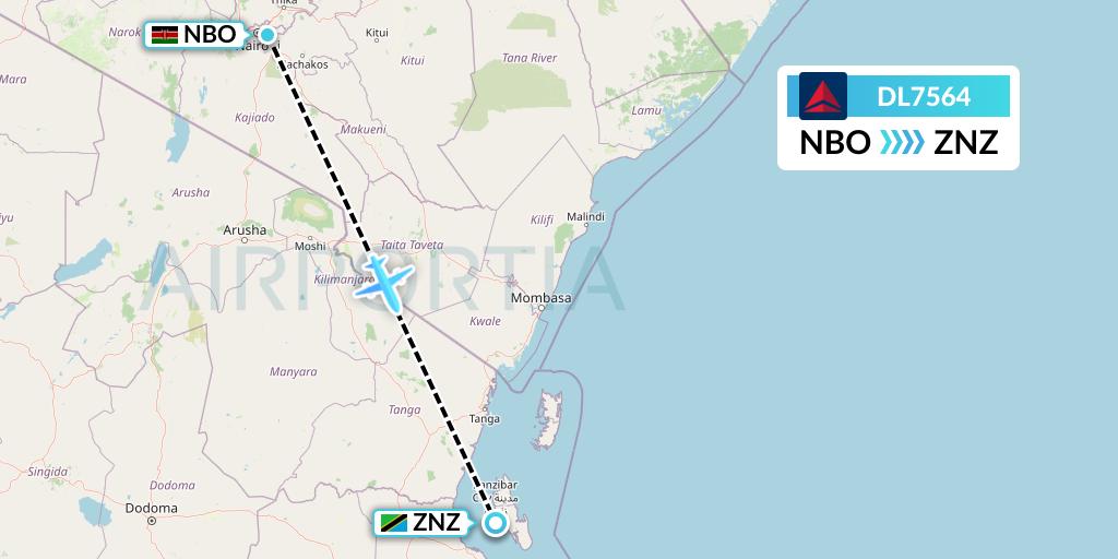 DL7564 Delta Air Lines Flight Map: Nairobi to Zanzibar