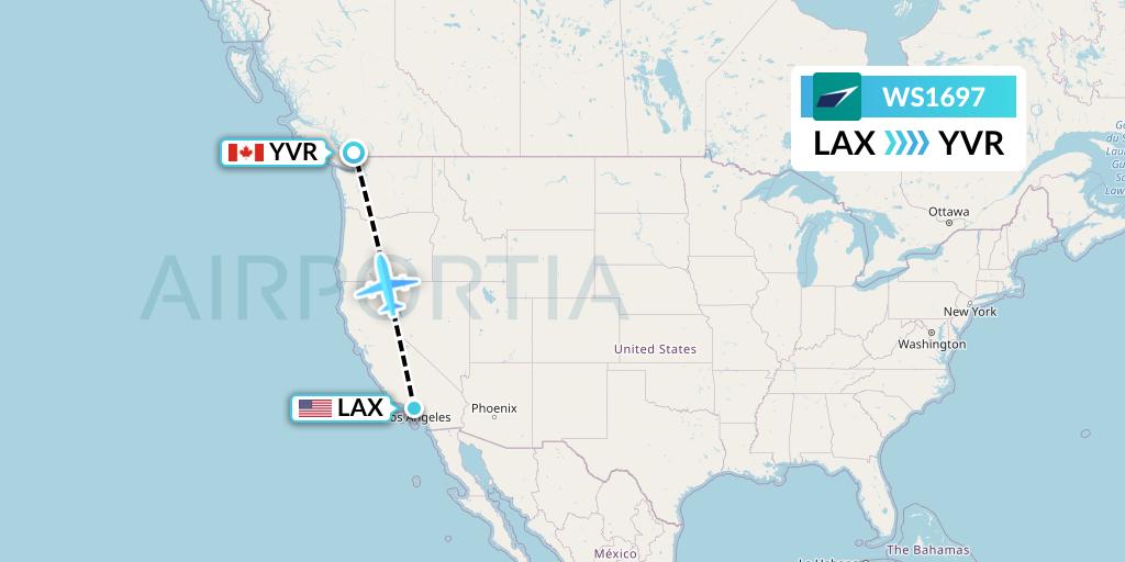 WS1697 WestJet Flight Map: Los Angeles to Vancouver