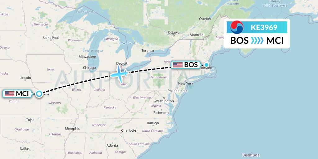 KE3969 Korean Air Flight Map: Boston to Kansas City