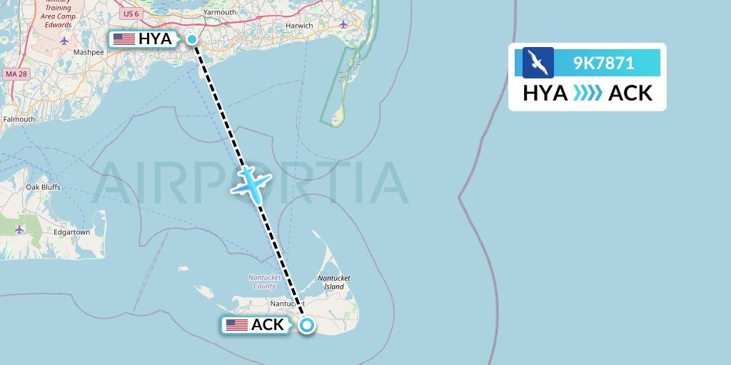 9K7871 Cape Air Flight Map: Hyannis to Nantucket
