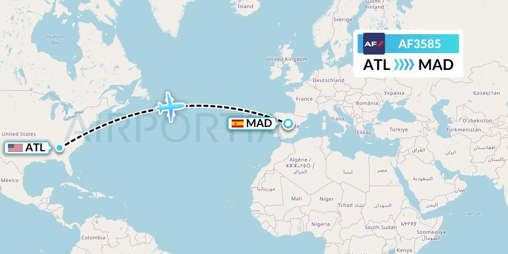 AF3585 Air France Flight Map: Atlanta to Madrid