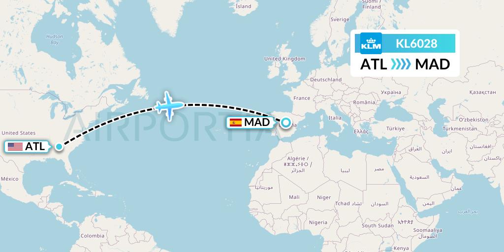 KL6028 KLM Flight Map: Atlanta to Madrid