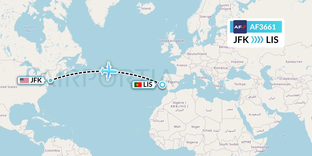 AF3661 Air France Flight Map: New York to Lisbon
