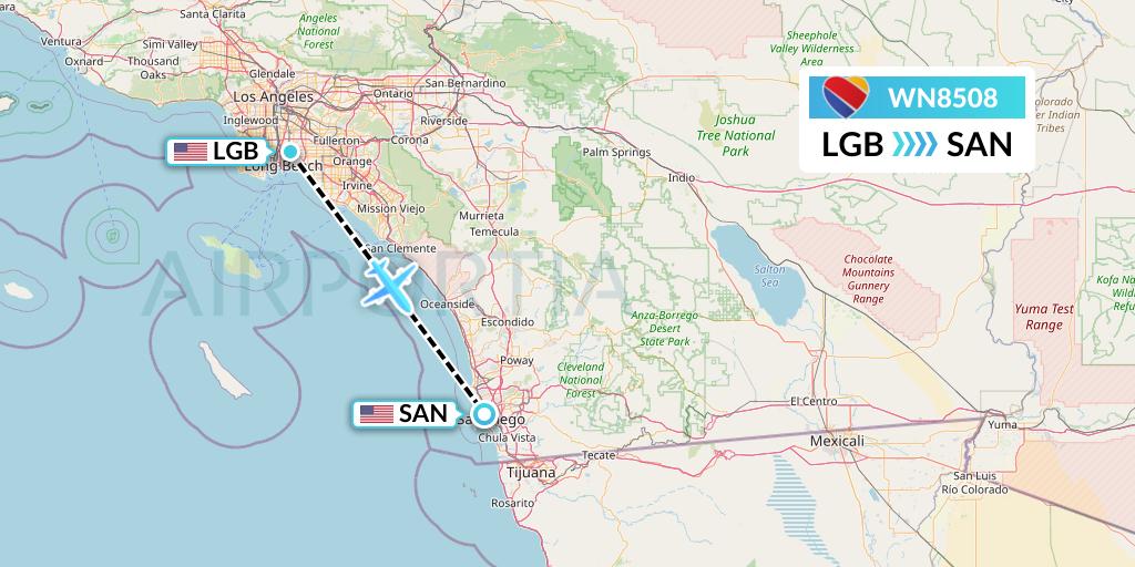 WN8508 Southwest Airlines Flight Map: Long Beach to San Diego