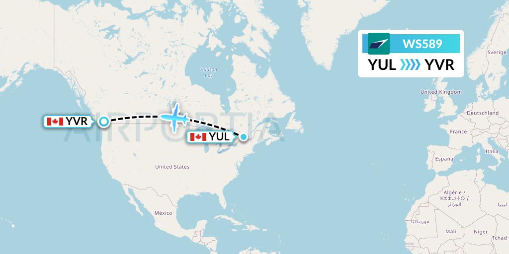 WS589 WestJet Flight Map: Montreal to Vancouver