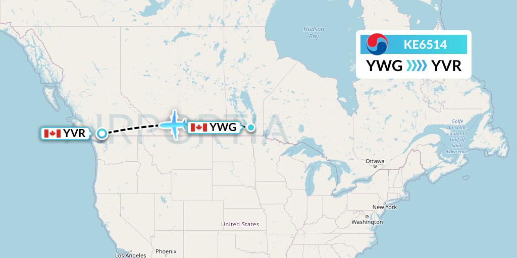 KE6514 Korean Air Flight Map: Winnipeg to Vancouver