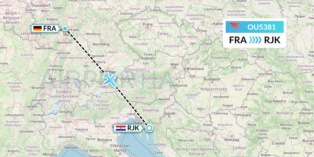OU5381 Croatia Airlines Flight Map: Frankfurt to Rijeka