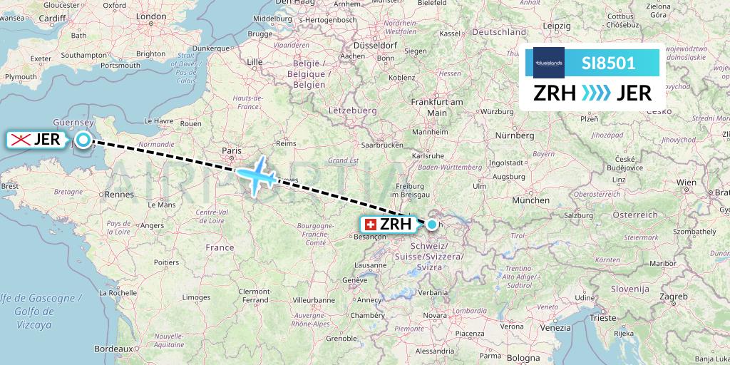SI8501 Blue Islands Flight Map: Zurich to Jersey
