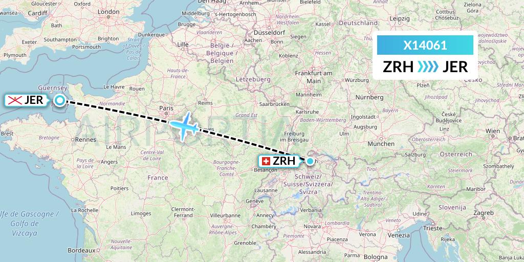 X14061 Nik Airways Flight Map: Zurich to Jersey