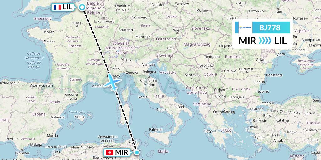 BJ778 Nouvelair Tunisie Flight Map: Monastir to Lille