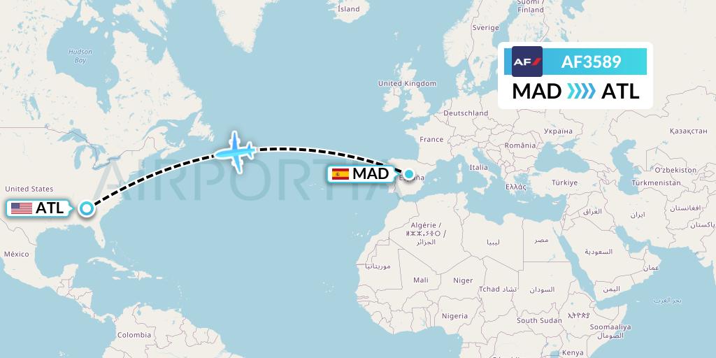 AF3589 Air France Flight Map: Madrid to Atlanta