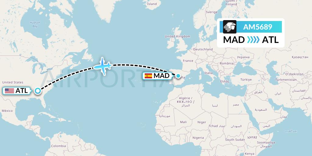 AM5689 Aeromexico Flight Map: Madrid to Atlanta