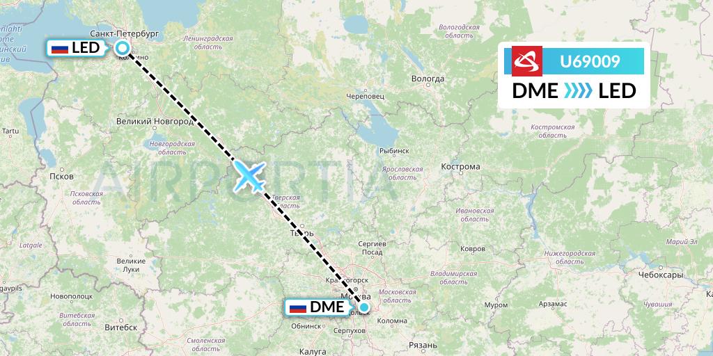 U69009 Ural Airlines Flight Map: Moscow to St. Petersburg