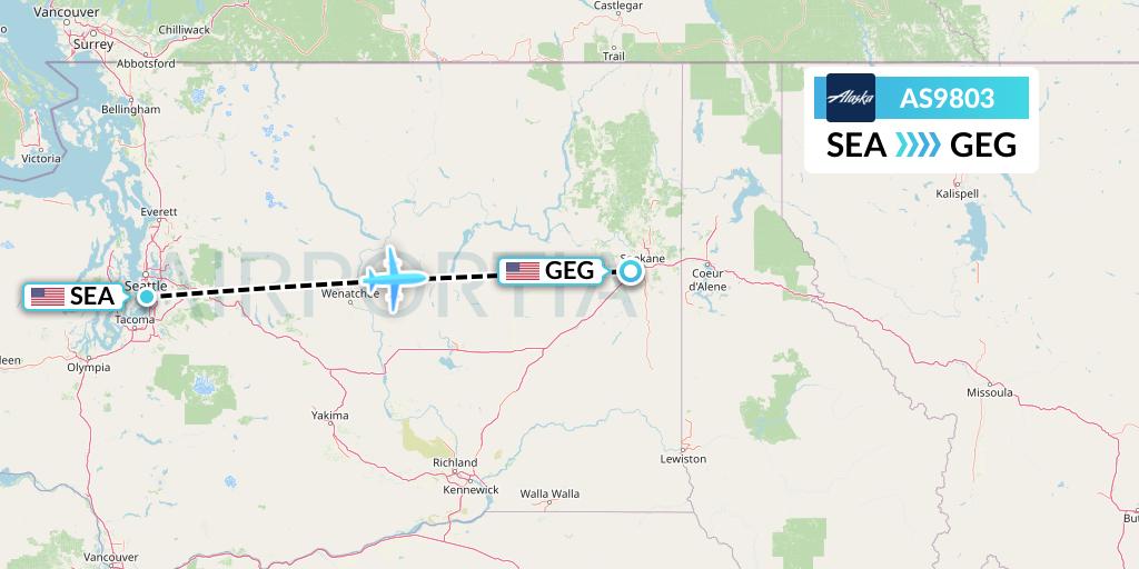 AS9803 Alaska Airlines Flight Map: Seattle to Spokane