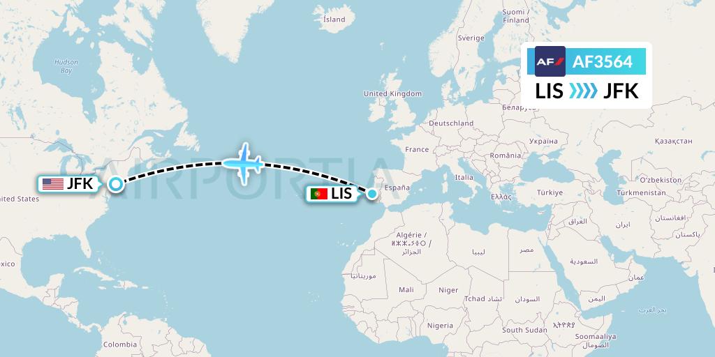 AF3564 Air France Flight Map: Lisbon to New York