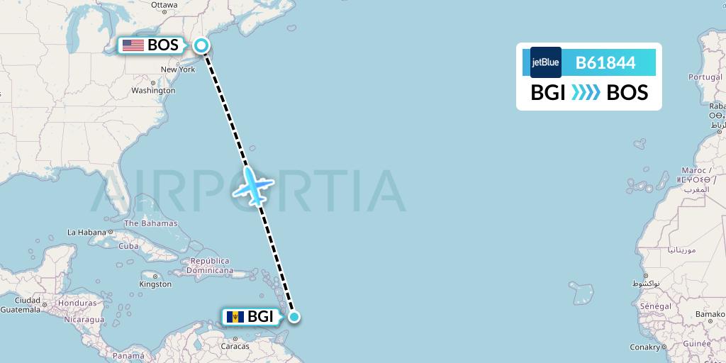 B61844 JetBlue Airways Flight Map: Bridgetown to Boston