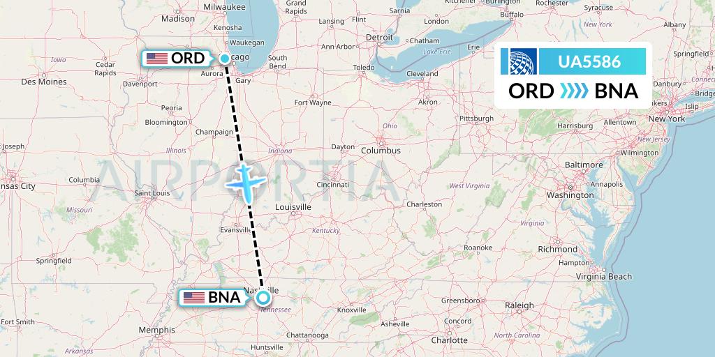 UA5586 United Airlines Flight Map: Chicago to Nashville