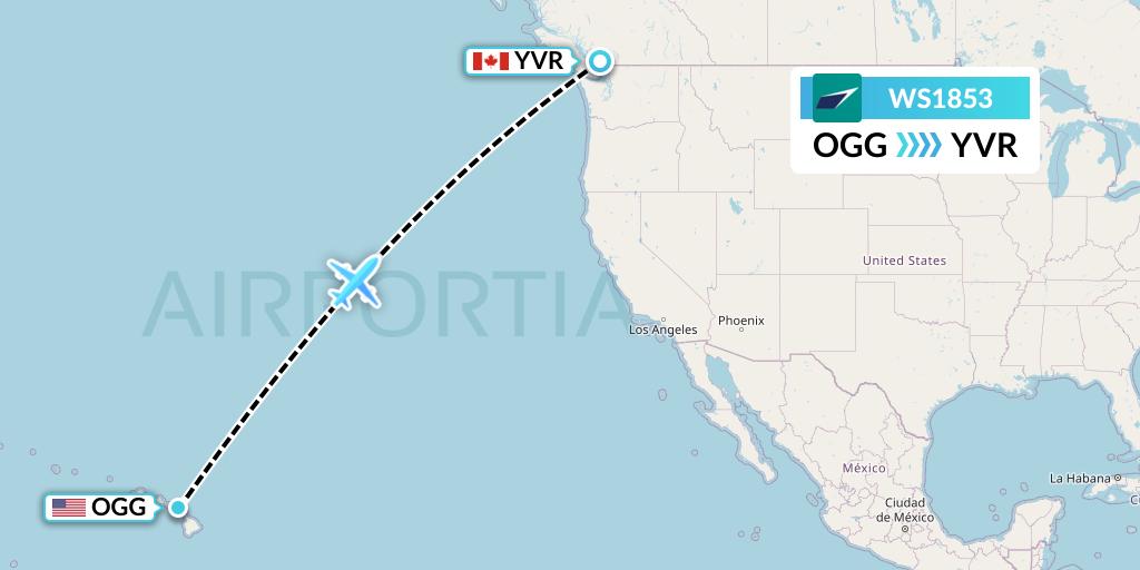 WS1853 WestJet Flight Map: Kahului to Vancouver