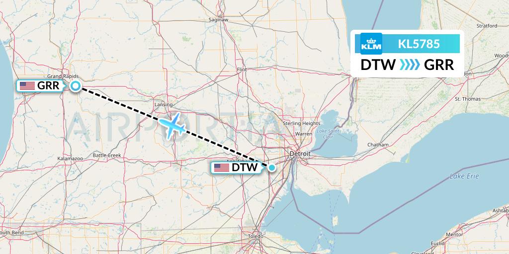 KL5785 KLM Flight Map: Detroit to Grand Rapids