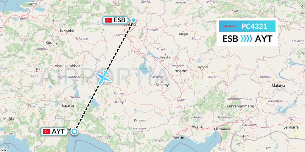 PC4321 Pegasus Airlines Flight Map: Ankara to Antalya