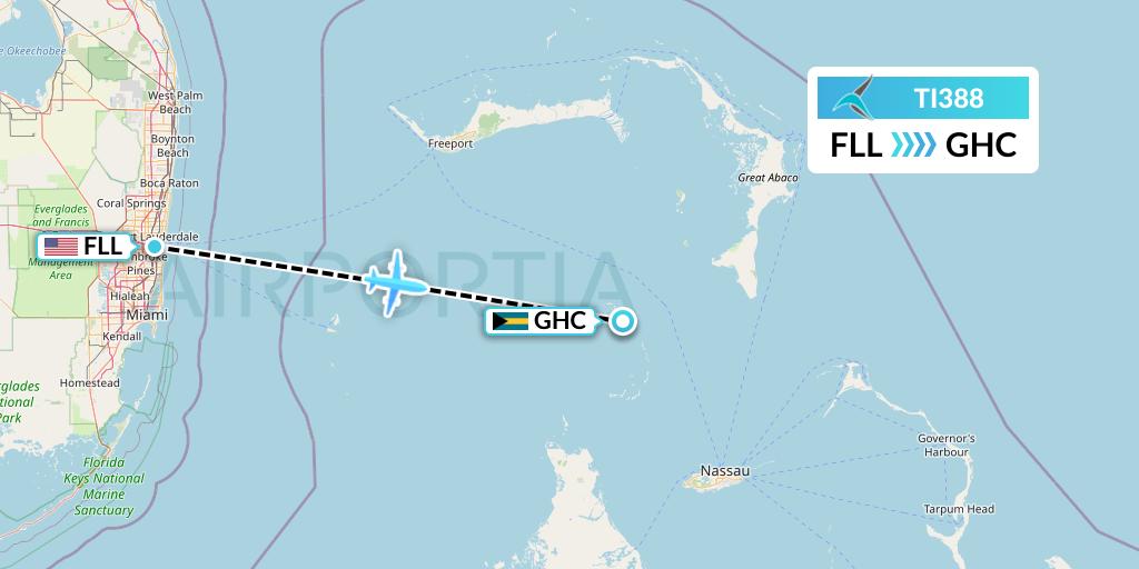 TI388 Tailwind Airlines Flight Map: Fort Lauderdale to Bahamas