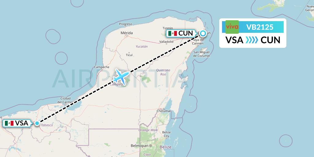 VB2125 VivaAerobus Flight Map: Villahermosa to Cancun