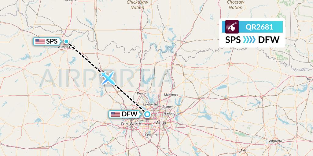 QR2681 Qatar Airways Flight Map: Wichita Falls to Dallas