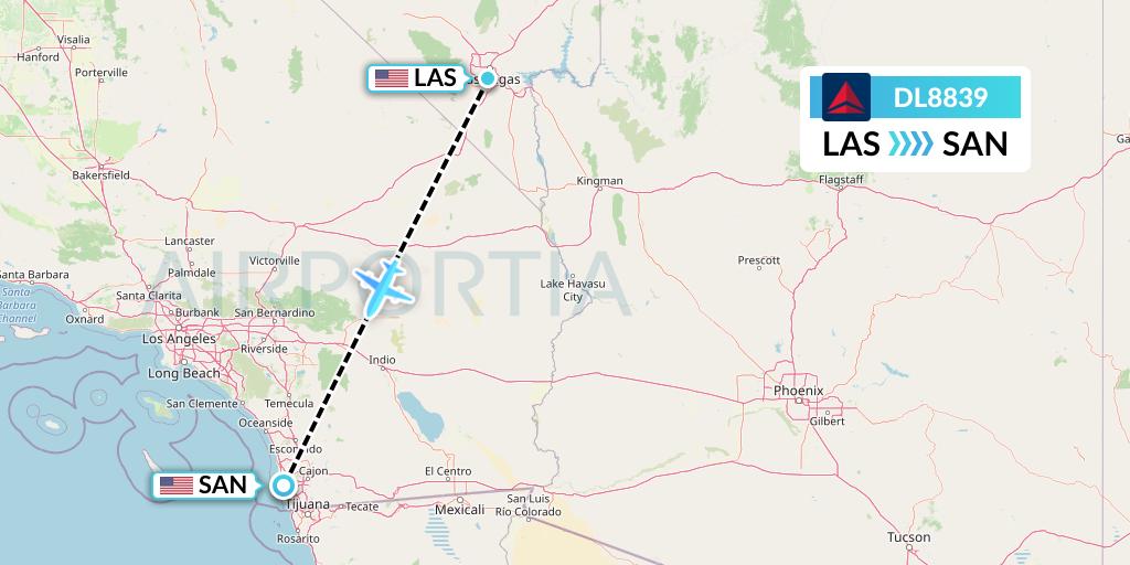DL8839 Delta Air Lines Flight Map: Las Vegas to San Diego