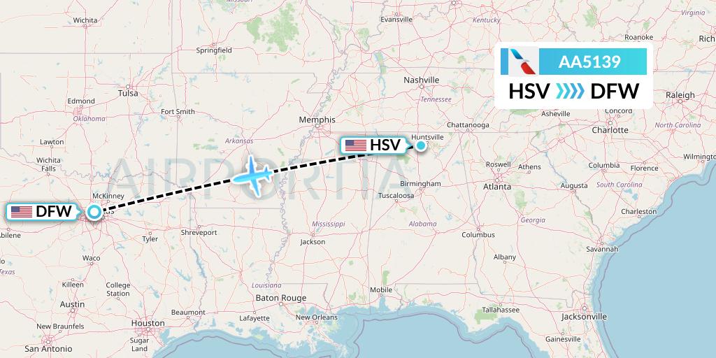 AA5139 American Airlines Flight Map: Huntsville to Dallas
