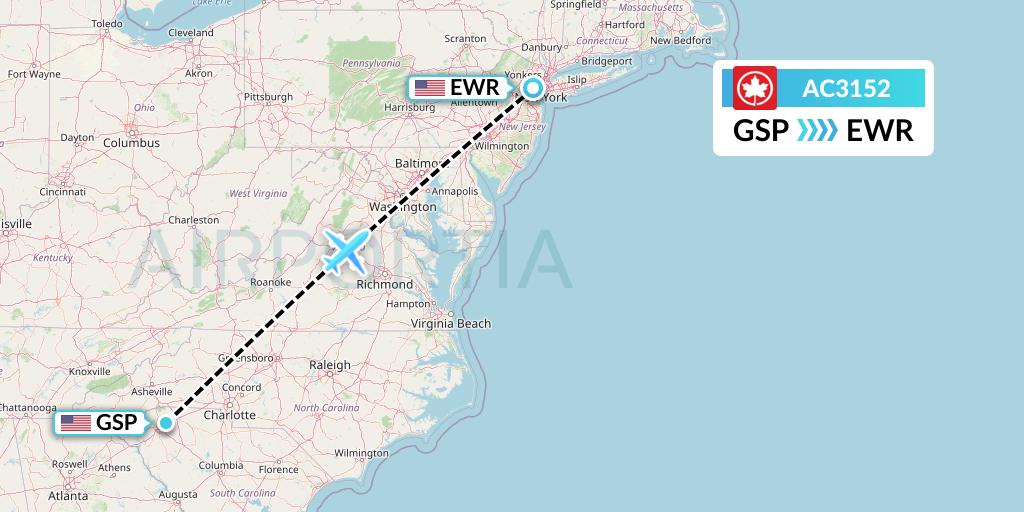 AC3152 Air Canada Flight Map: Greenville-Spartanburg to New York