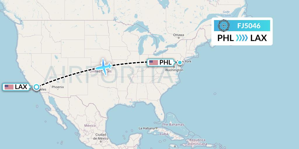 FJ5046 Fiji Airways Flight Map: Philadelphia to Los Angeles