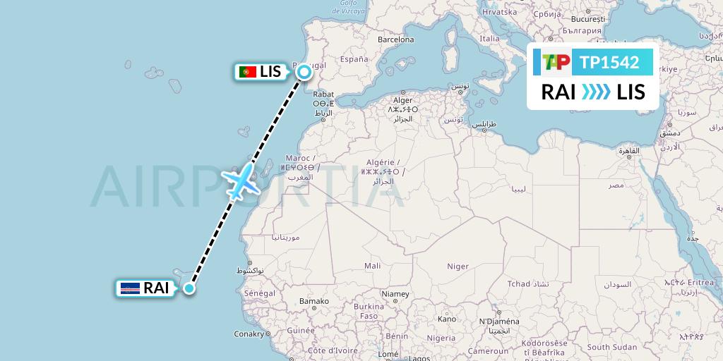 TP1542 TAP Portugal Flight Map: Praia to Lisbon