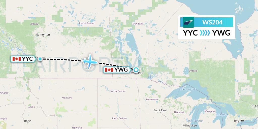 WS204 WestJet Flight Map: Calgary to Winnipeg