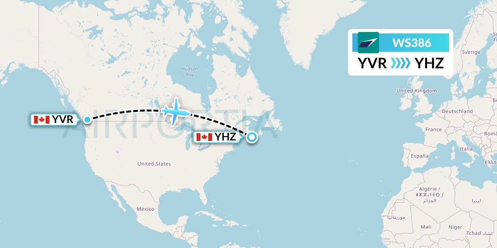 WS386 WestJet Flight Map: Vancouver to Halifax