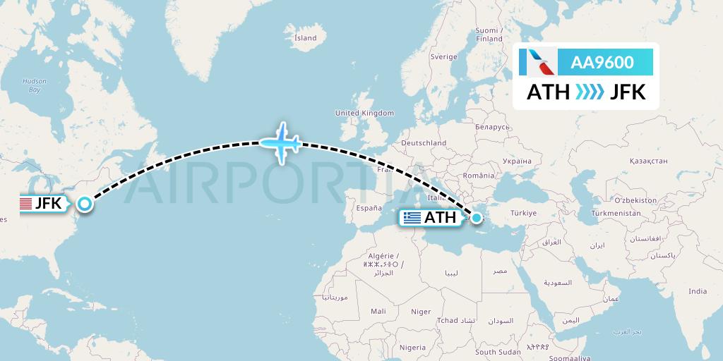 AA9600 American Airlines Flight Map: Athens to New York
