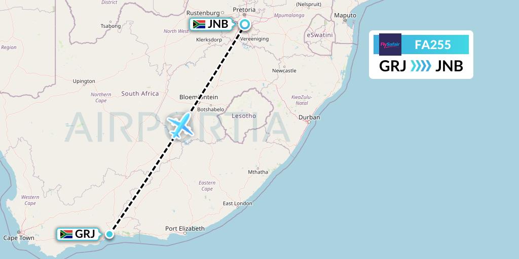 FA255 Safair Flight Map: George to Johannesburg