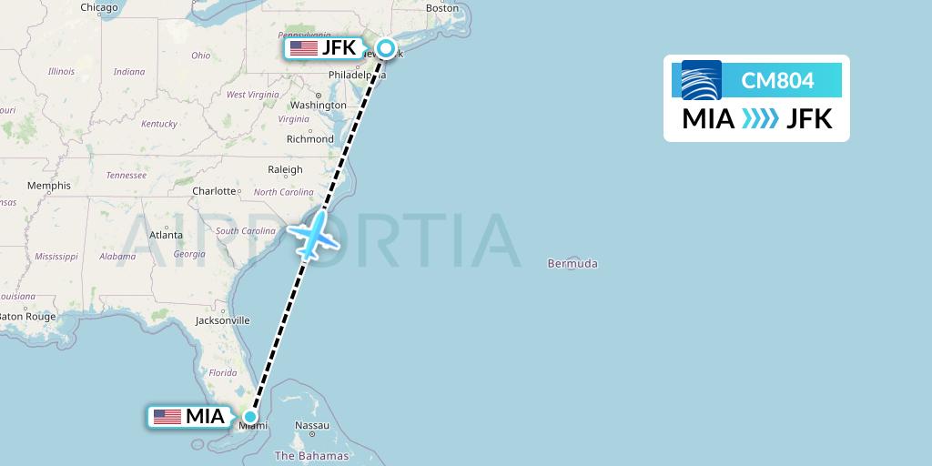 CM804 Copa Airlines Flight Map: Miami to New York