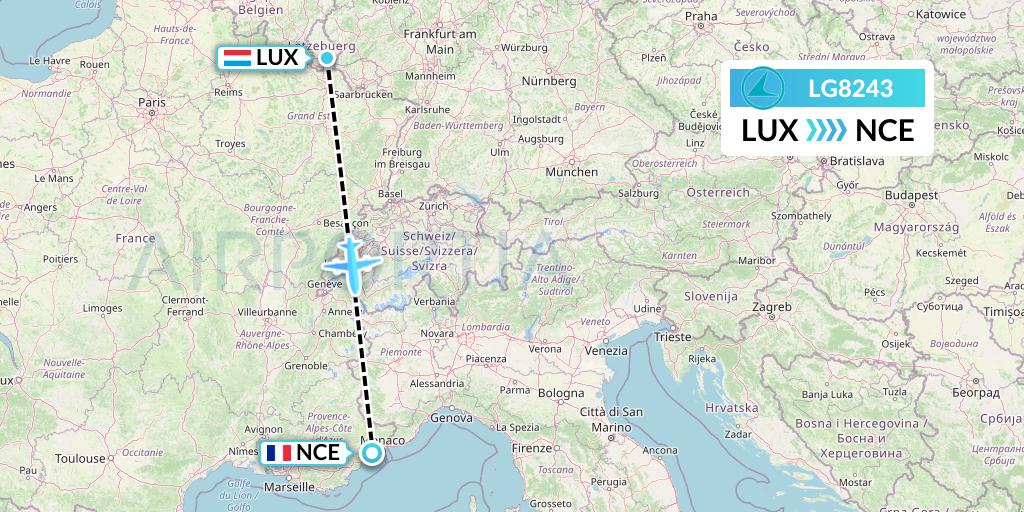 LG8243 Luxair Flight Map: Luxembourg to Nice